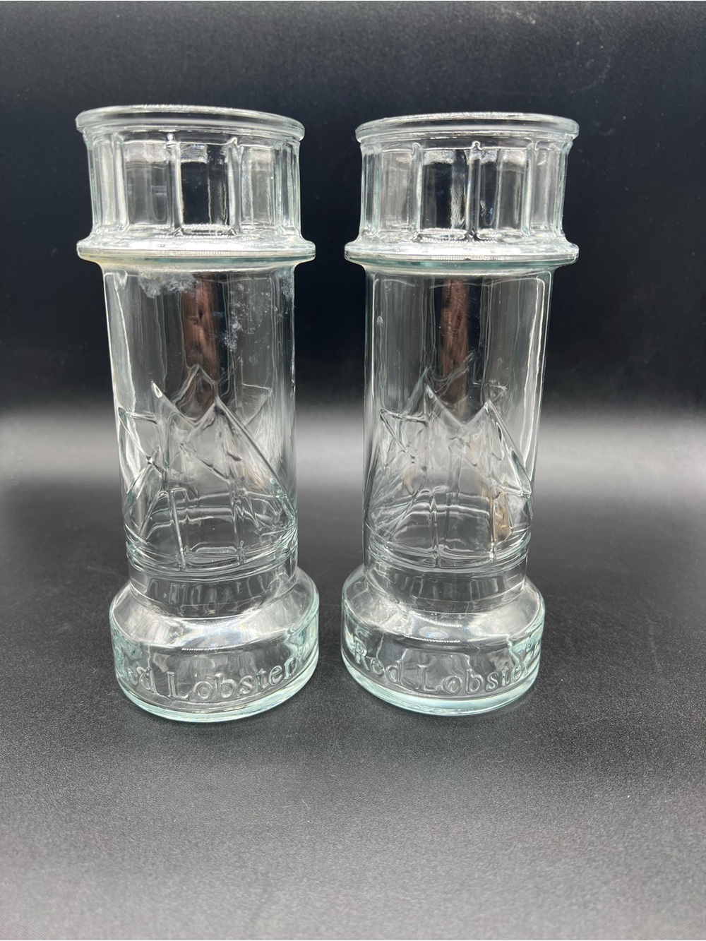 Vintage Red Lobster Lighthouse Glass Tumblers Set 2 Nautical Barware Retro